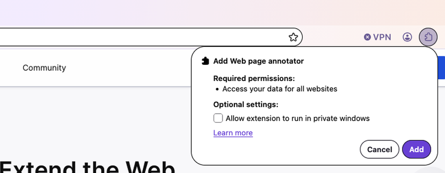 The install permission prompt in Firefox Nova showing "Access your data for all websites"