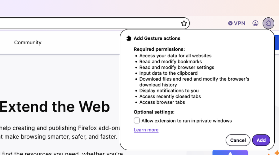 The install permission prompt in Firefox Nova for an extension requesting several permissions