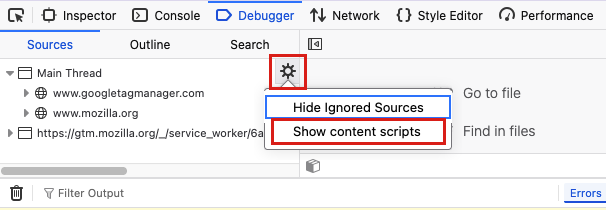 The Debugger source settings menu in Firefox Nova with Show content scripts highlighted