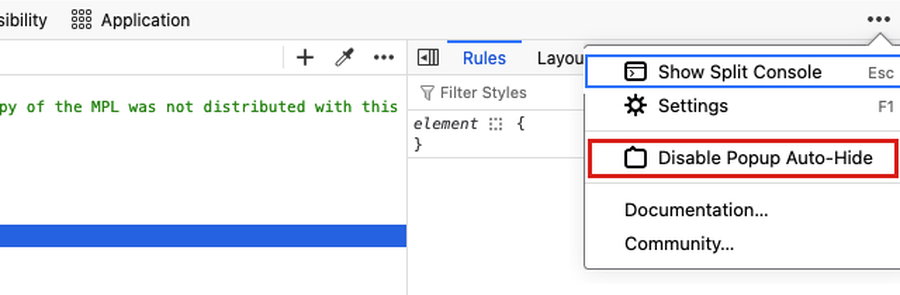 The toolbox menu in Firefox Nova with Disable Popup Auto-Hide highlighted