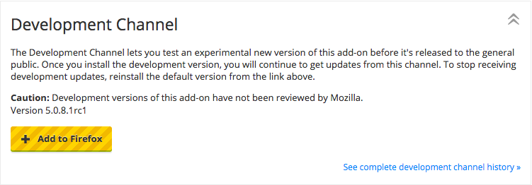 The development channel section of an extension's listing page, offering access to alpha and beta versions for testing.