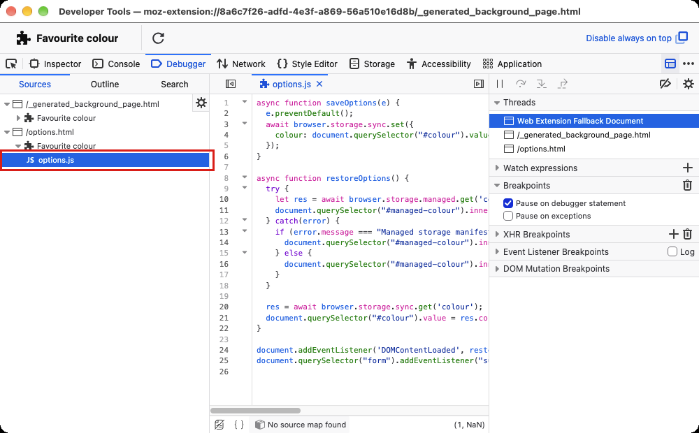 An extension's options page script selected in Sources in the Firefox Debugger