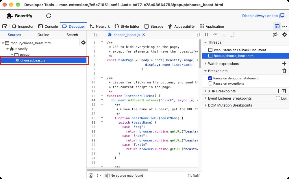 An extension's popup script selected in Sources in the Firefox Debugger