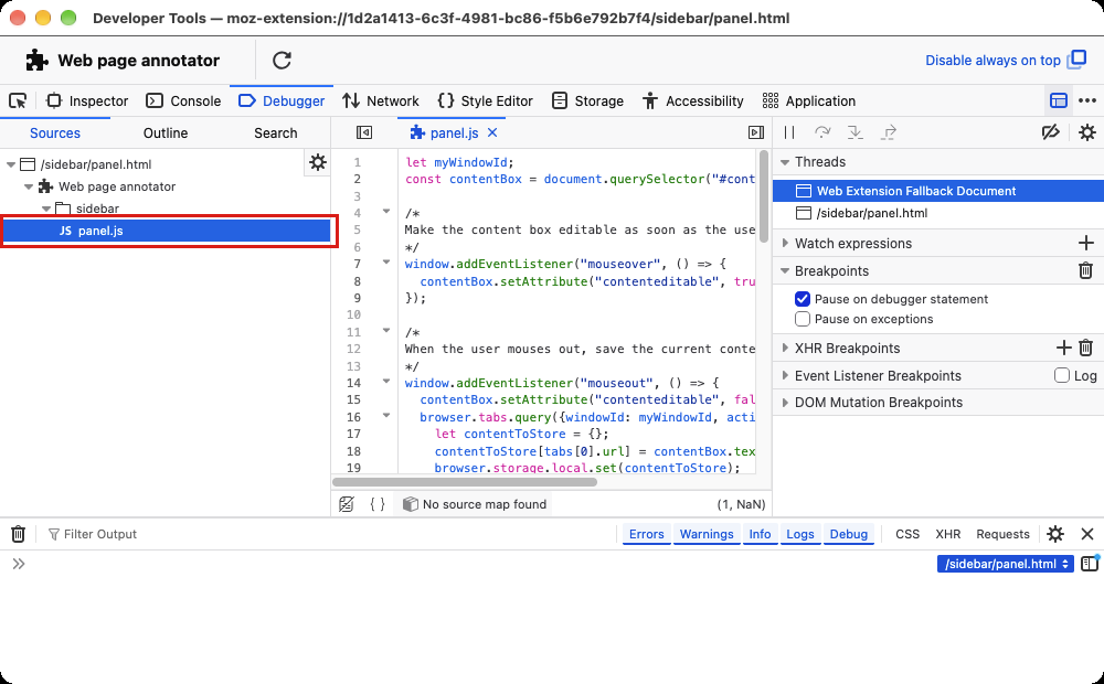 An extension's sidebar script selected in Sources in the Firefox Debugger