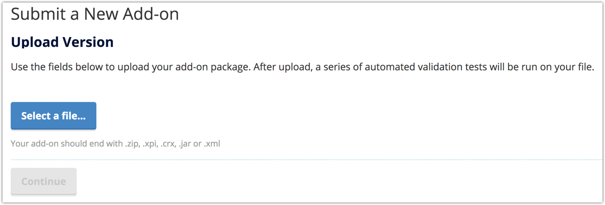 The submit an add-on page showing the option to select a file containing your add-on.