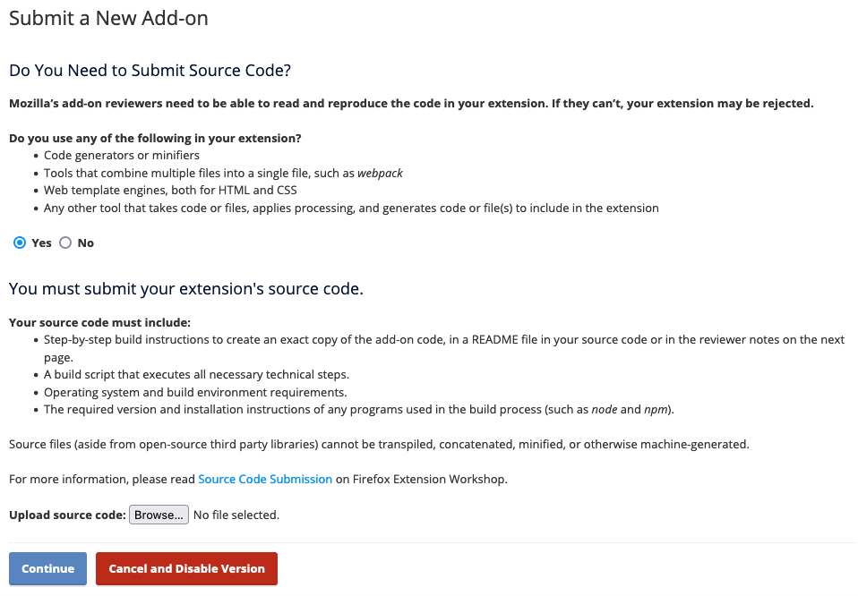 The submit an add-on page asking whether your extension requires a source code submission, showing the option to browse and upload a source code package when you select yes.
