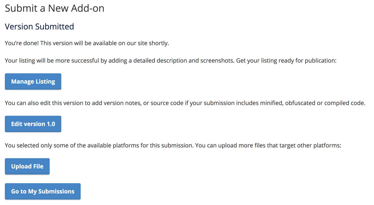 The submit an add-on page confirming that the add-on has been submitted and providing buttons for things you can do next, including managing the listing, editing the submission, adding a new submission, or going to a list of your submissions.